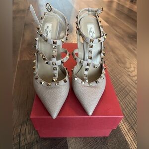 Valentino Tan Rockstud Strappy Pointed Toe Heels